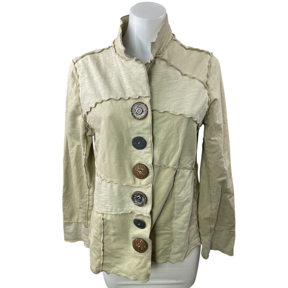 Neon Buddha Pieced-Panel Womens Beige Patchwork Cardigan Blazer Coat Jacket Sz M